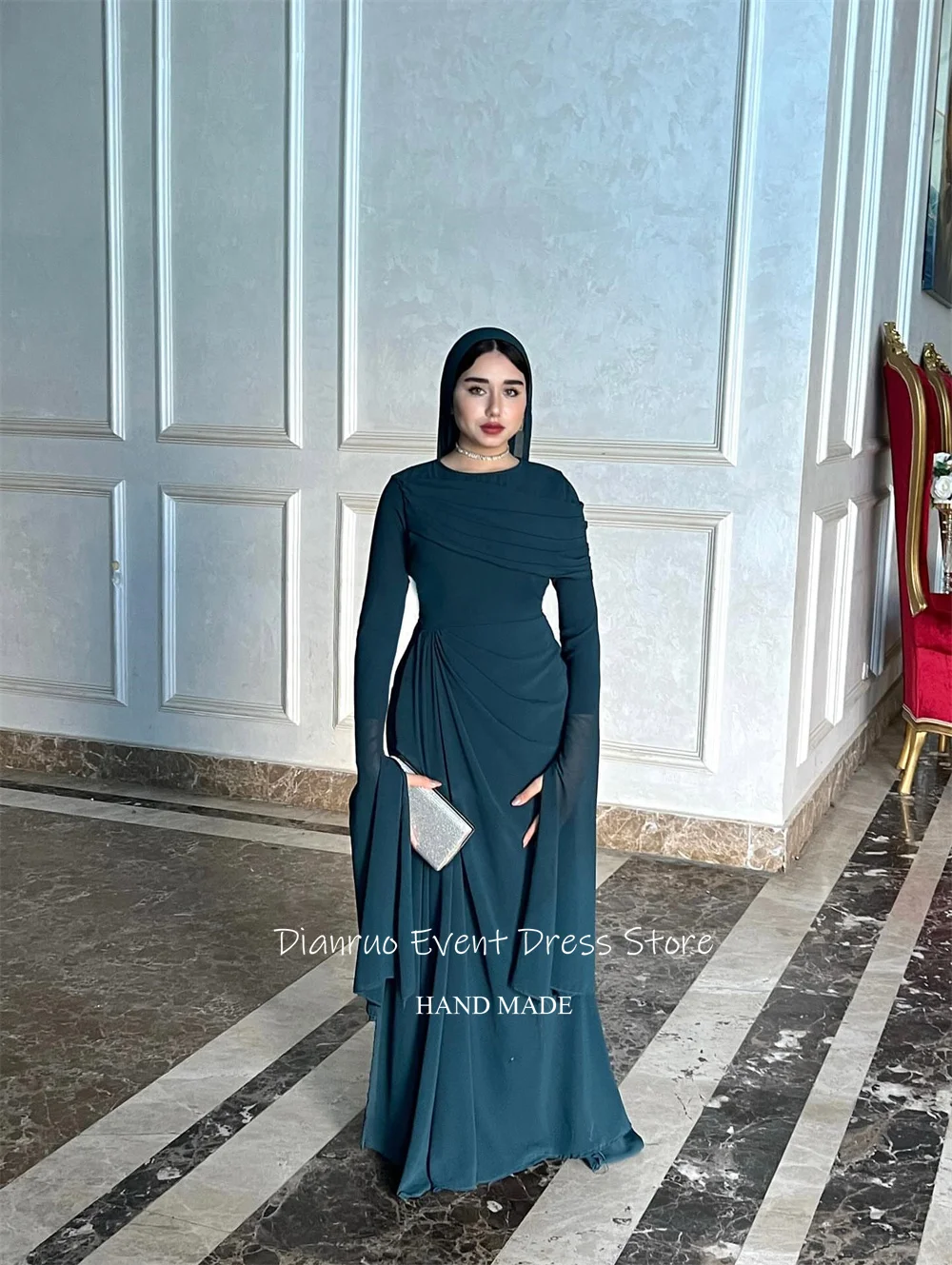 Dianruo современное вечернее платье с рюшами и длинными рукавами, шифоновое платье макси с круглым вырезом, платье для выпускного вечера в Аравии, скромные мусульманские платья для гостей по индивидуальному заказу