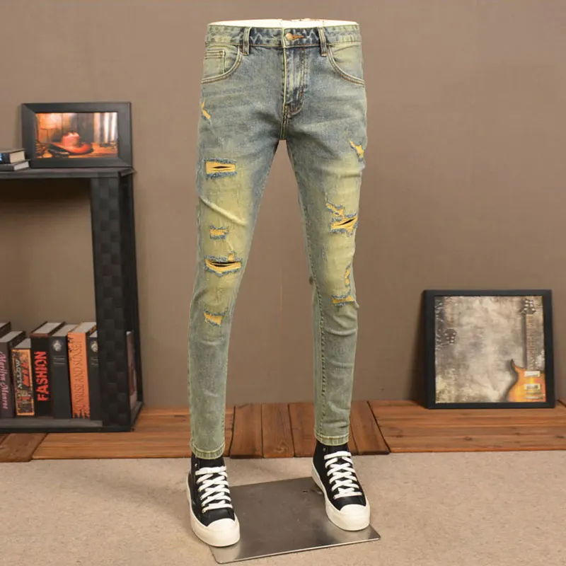 Jins pria mode jalanan, celana pensil Denim Hip Hop desainer Vintage Pria, jins robek ketat biru melar, celana jins Retro pria