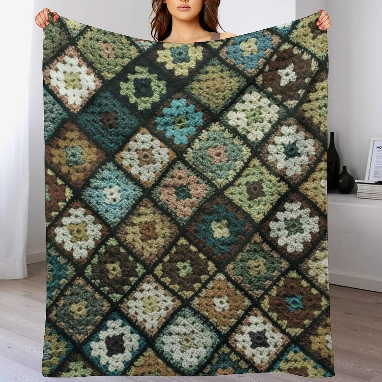 Crochet granny square pattern dark green Throw Blanket Plaid on the sofa Warm Luxury Blankets