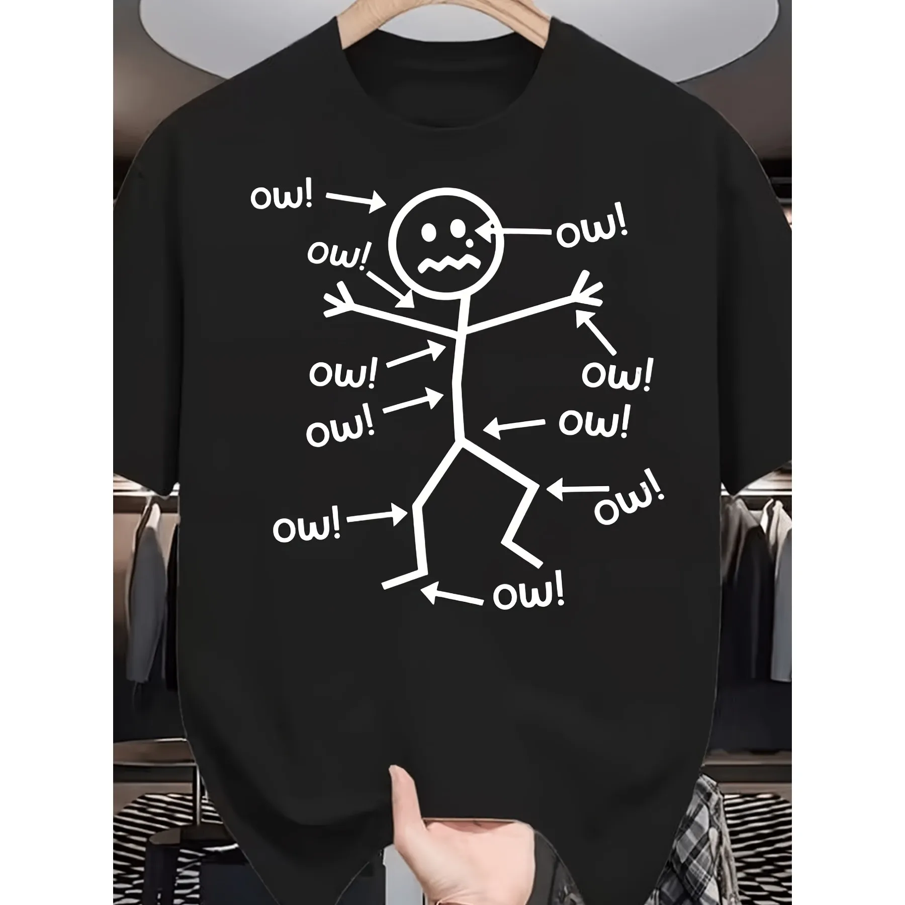 Funny Stick Figure Ow Design Graphic Tee Casual Crew Neck Short Sleeve T-Shirt for Men