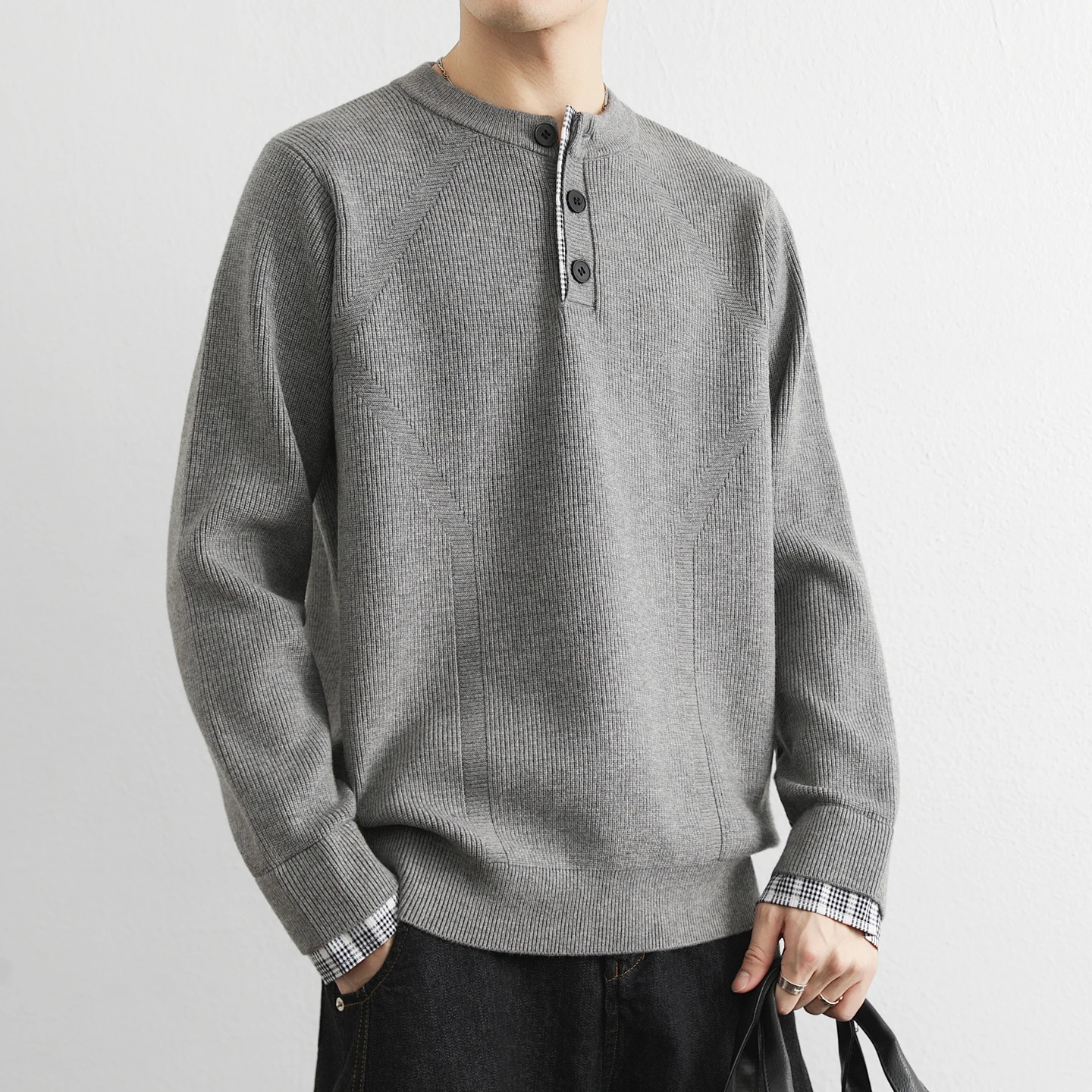 

Высококачественный вязаный свитер с воротником хенли для мужчин, повседневный зимний модный легкий трикотаж свободного кроя с длинными рукавами