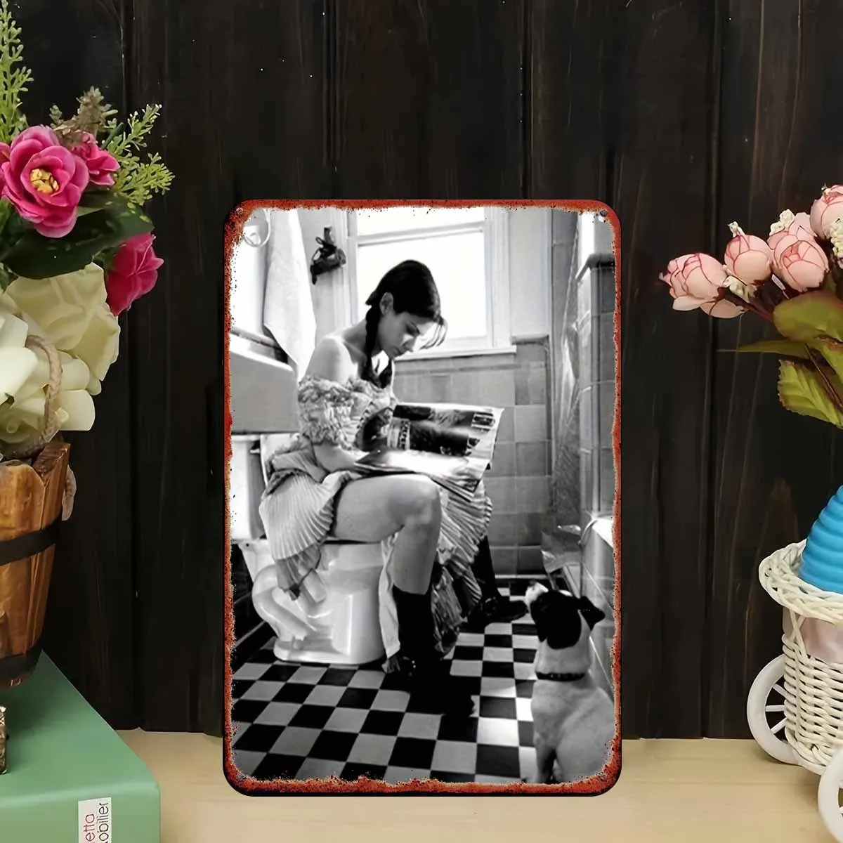 Funny Bathroom Metal Sign – Woman Reading Magazine on Toilet with Pet Dog – Black/White Floor – For Bar, Garage, Garden - view 3