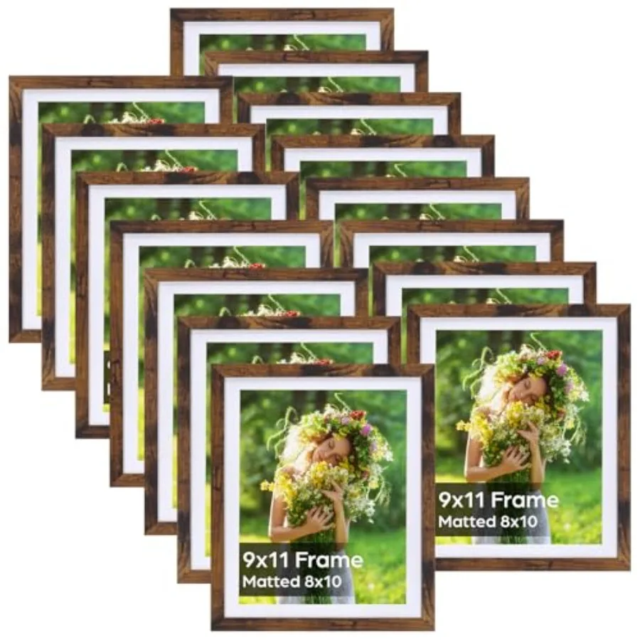 

Picture Frame 15 Pack, Display Pictures with Mat or 9x11 without Mat, Rustic Bulk Photo Frames for Wall or Tabletop