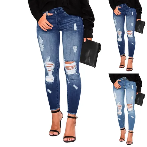 Moda mujer Retro Denim Jeans de cintura alta elástico rasgado Skinny Jeans Slim Fit alta calidad viajes al aire libre vacaciones ropa de calle