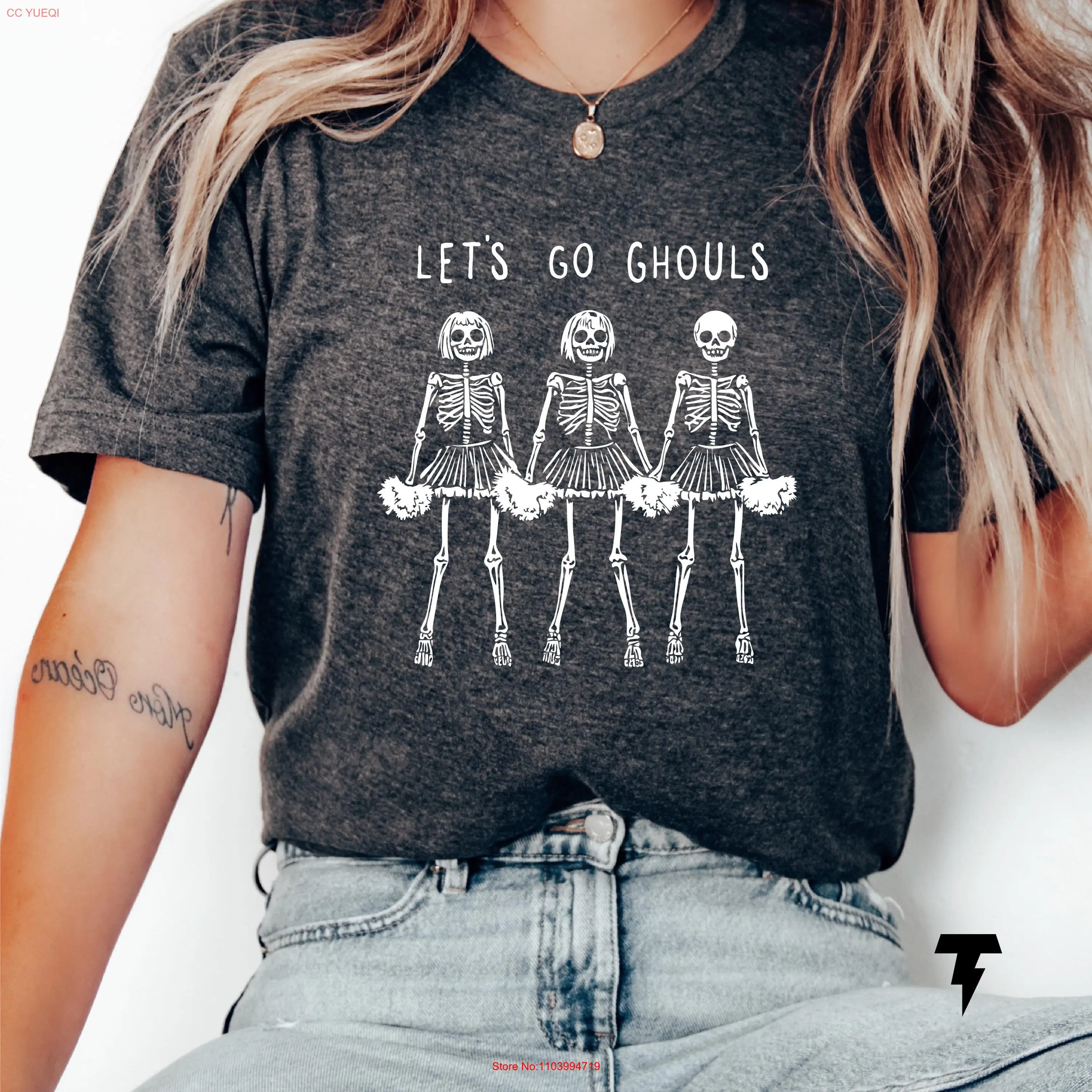 

Let's Go Ghouls Funny Cheerleader T Shirt Halloween Cheer Team Cheerleading Design Mom Spooky long or short sleeves