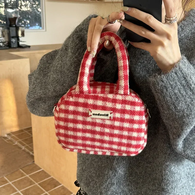 Xiuya Vintage Cute Handbag for Women Red Plaid Letter Soft Kawaii Crossbody Bag Autumn Winter New Luxury Designers Shoulder Bag