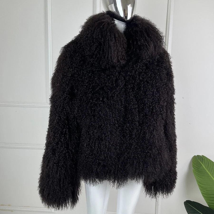 Abrigos de piel mongol auténtica para mujer, Chaqueta corta de piel de cordero tibetana con cuello redondo, prendas de vestir de piel de oveja para invierno