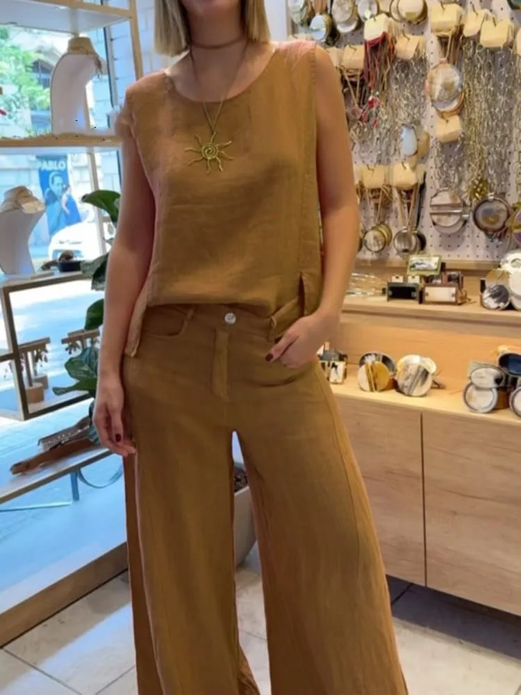 2025 Summer Fashion New Women's Commuting Style Cotton and Hemp Two Piece Set Round Neck Sleeveless Top Wide Leg Pants Set