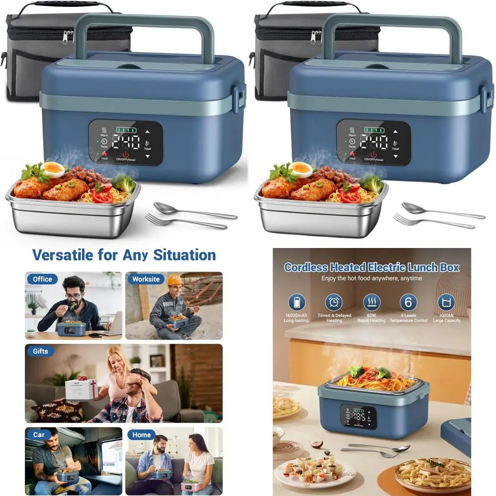 

Portable 16000mAh Rechargeable Electric Lunch Box, 1L Stainless Steel, Self-Heating for Adults on the Go