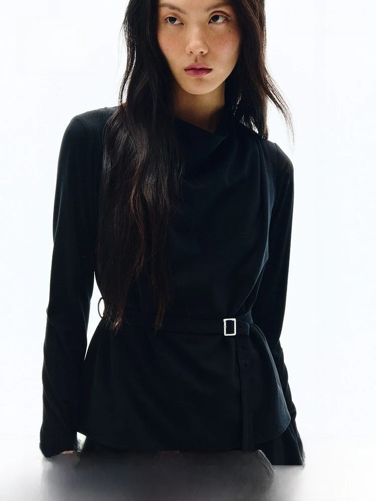 

Женская приталенная футболка H&M с круглым вырезом, весна 2026, с поясом, повседневная, из смесового полиэстера, с высоким воротником