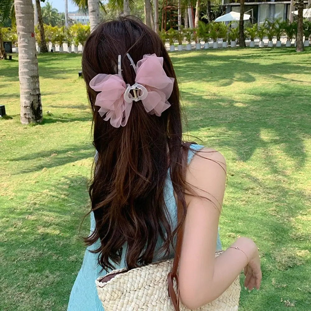 

Plastic Hairgrips Princess Style Bowknot Large Hairpin Mesh Bow Hair Claw Hair Crab Clip Korean Shark Clip Women Hair Clip