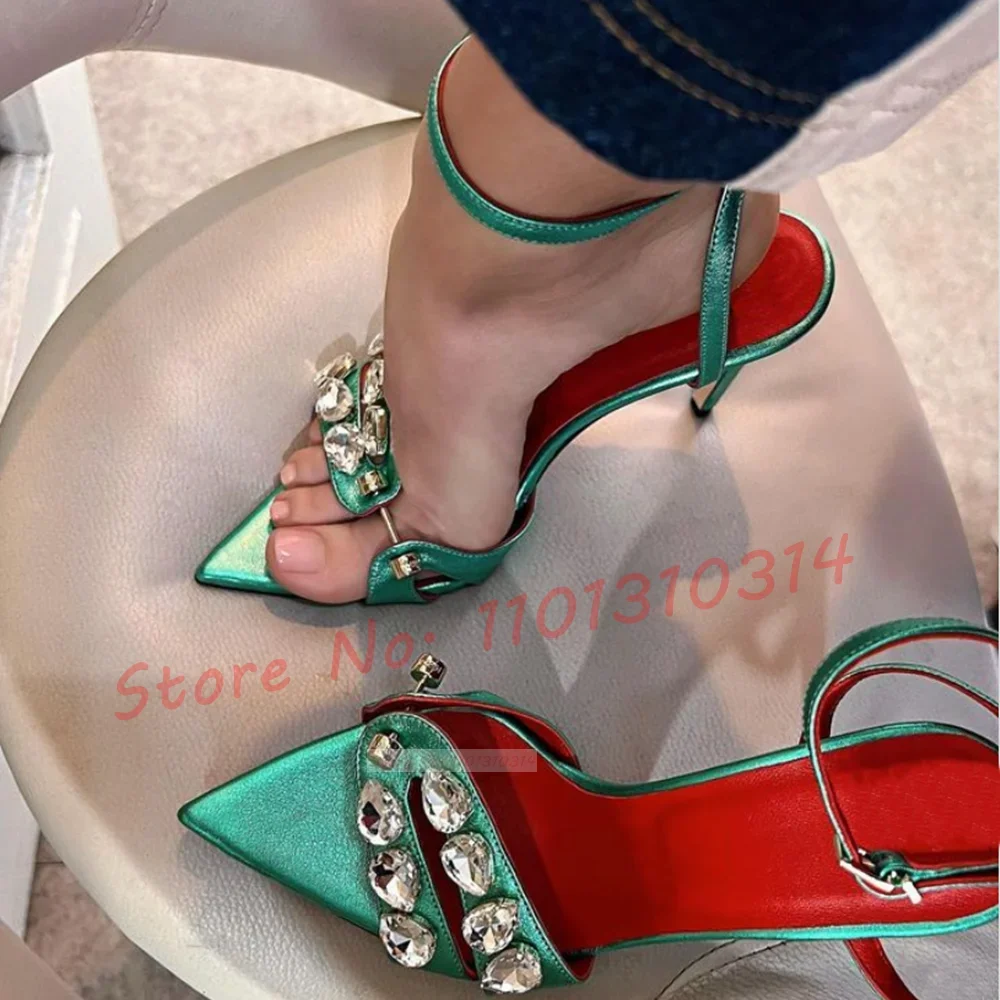 

Crystal Green Shiny Leather Sandals Women Luxury Pointy Party High Heels Female Rhinestones Bling Large Size Design Ladies Shoes