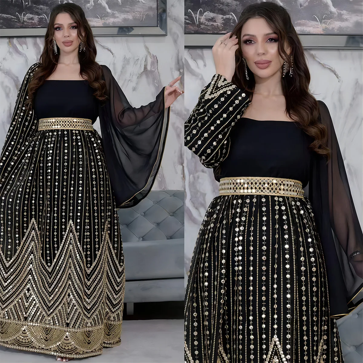 Abaya-Robe de soirée en mousseline de soie pour femmes, kaftan élégant, manches évasées, vêtements islamiques arabes musulmans, Jalabiya, nouvelle robe éducative