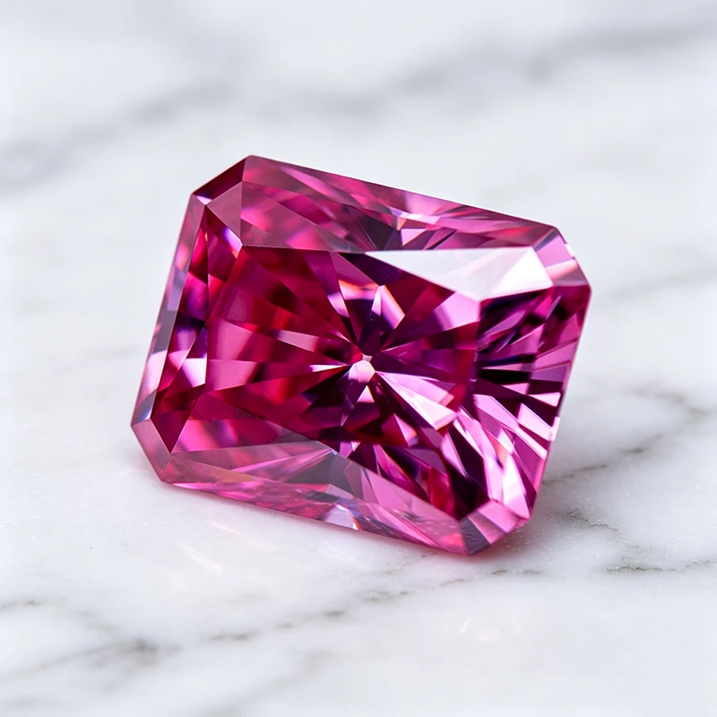 Moissanit-Stein im Radiant-Schliff, rosa Farbe, im Labor gezüchteter Edelstein für DIY-Anhänger und Schmuckherstellung, besteht den Diamanttester mit Zertifikat. – Detail 4