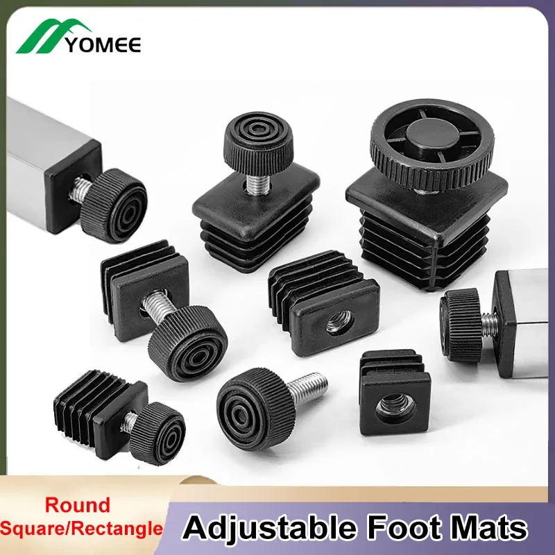 Black Adjustable Foot Mats With Nut Round/Square Plastic Blanking End Cap Pipe Plug Furniture Tube Cover Non-Slip Foot Pad