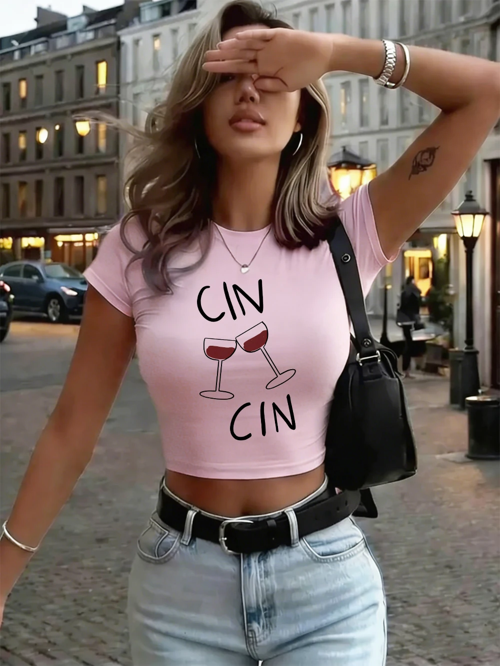 Cin Cin Cheers Prints Womens Crop T-Shirt Summer High Elastic O-Neck Tops Y2K Fitting Slim Streetwear Comfortable Soft Clothes