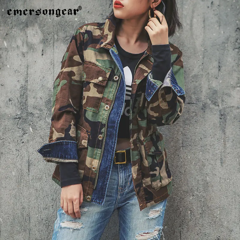 Emersongear Ladies Girls Coat Vintage Smart Jacket BDU Tactical Style Woodland  Denim Stitching Jacket Couple Dressing