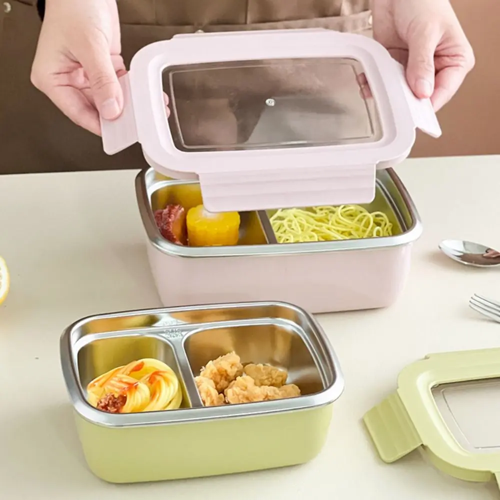 

304 Stainless Steel Divided Lunch Box Fresh-keeping Large Capacity Portable Food Container Sealed with Folding Fork/Spoon