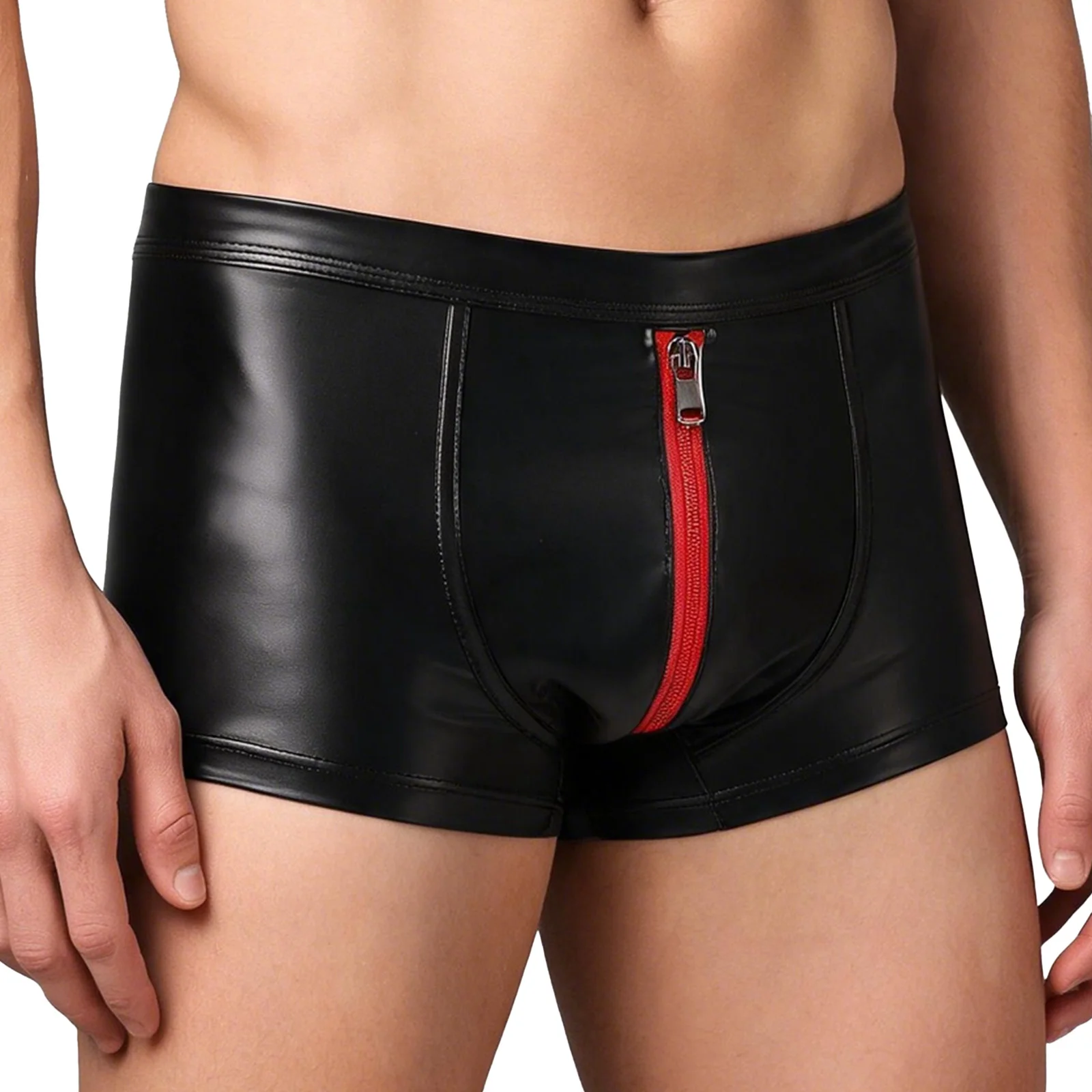 Men's Matte PU Leather Briefs Low Rise Zipper Bulge Pouch Boxer Shorts Elastic Waistband Underwear Nightwear Rave Party Clubwear