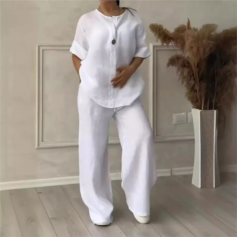 2024 New Women\'s 2-piece Cotton And Linen Shirt Wide-leg Trousers Two-piece Casual Suit High-waisted Loose Trousers