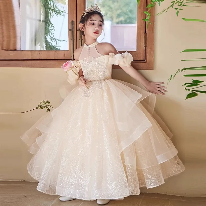 Girl Princess Dresses Champagne Flower Girls Wedding Party Dress New Ball Gowns High-Necked Gown Beauty Contest Customized