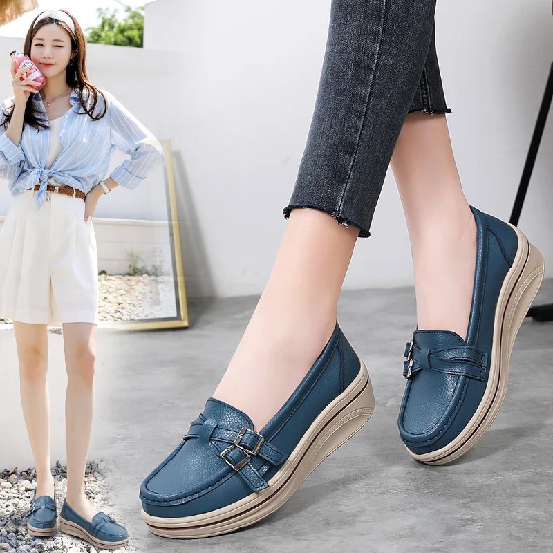 2022 Spring Autumn Women Flats Platform Loafers Ladies Leather Comfort Wedge Moccasins Orthopedic Slip On Casual Shoes plus size