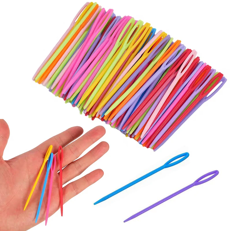 Agulhas de costura de plástico coloridas, 50/100/150/200 peças, 7cm, tamanho aleatório, cores misturadas, olho grande, agulha de crochê, ferramentas de bordado diy zyf
