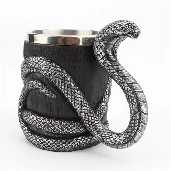 

600ml Creative Stainless Steel Beer Mug 3D Resin Cobra Snake Handle Double Layer Drinking Cup Coffee Milk Tea Drinkware