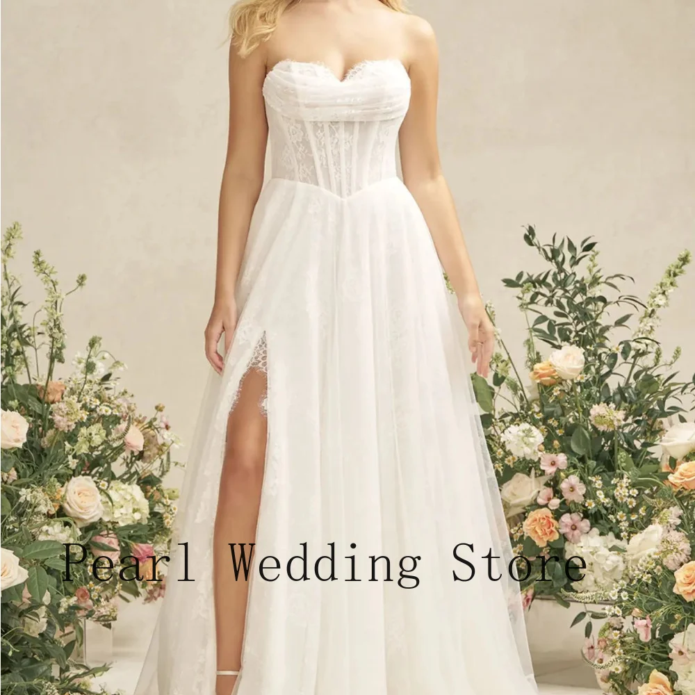 Customized Sweetheart Lace A Line Wedding Dress Corset Bodice High Leg Slit Tulle Skirt Floor Length Bridal Gown For Bride