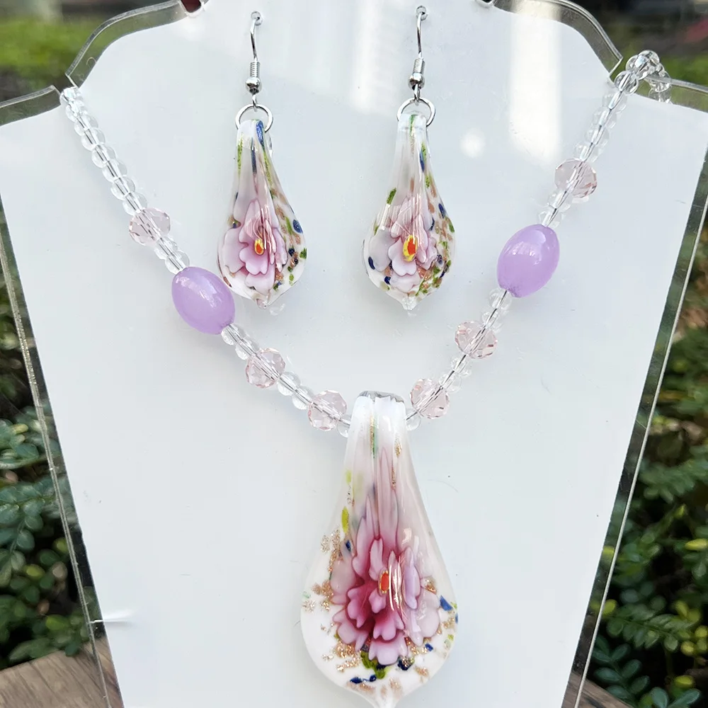 1 Set Chinese Style Handmade Murano Lampwork Glass Flower Pendant Fit Necklace Earrings Set Hot Jewelry Gift Fashion