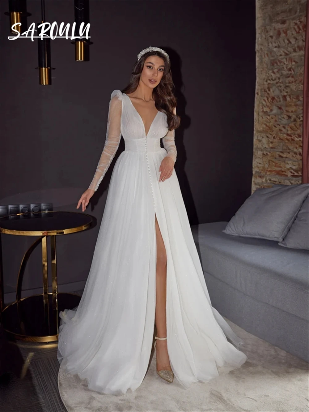 

Tulle A Line Wedding Dress Elegant Charming Bride Dresses, Airiness Simple V-neckline Bridal Gown, Refined Elegance, Bridal Gown