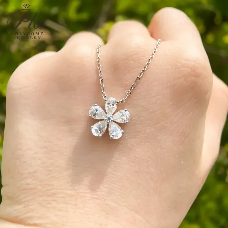 Halskette mit Fünfblättrigem Blumen-Anhänger, Moissanit-Diamant, 925 Sterling Silber Kette, Schmuck für Damen, Hypoallergen, Jubiläumsgeschenk – Detail 6