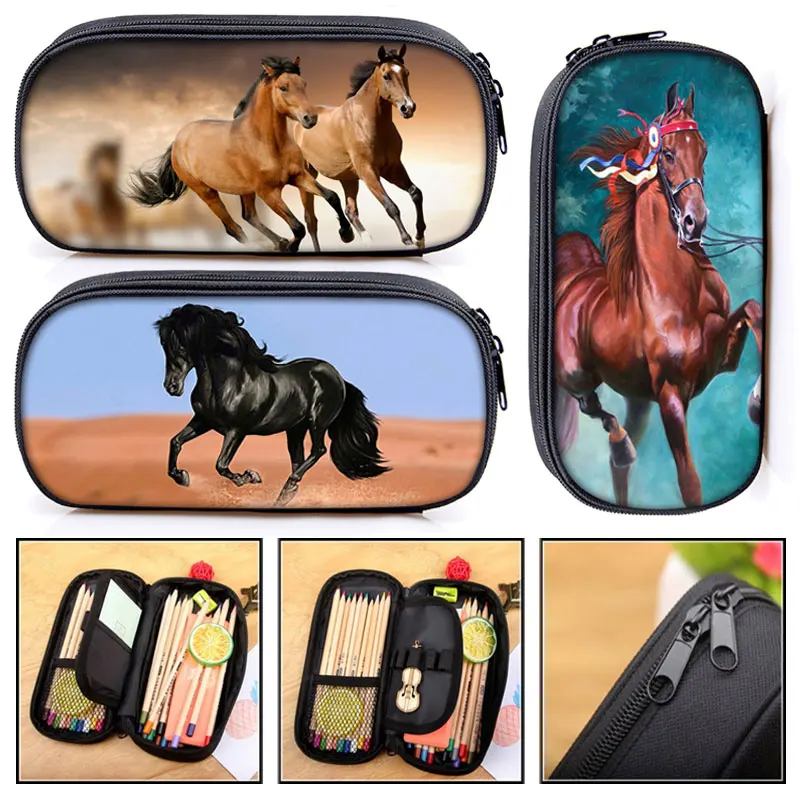 Elegante cavalo animal/pônei impressão cosméticos casos lápis saco de maquiagem feminina sacos meninos meninas caixa de lápis kdis material escolar