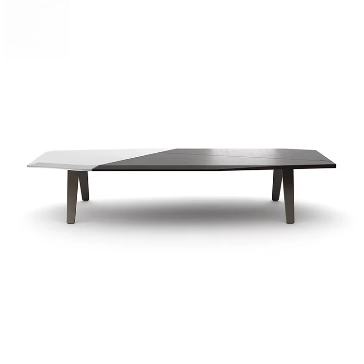 yr-Modern Two Tone Coffee Table, Marble Look and Wood Grain Top with Metal Legs, Geometric Design Center Table for Living Room-