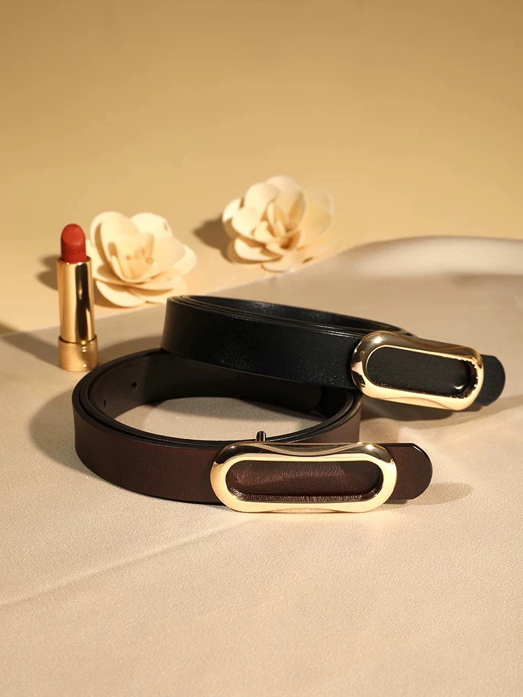 

Fashion Skinny Belt Women's Genuine Leather Belts Waist Belt Oval Solid Gold Buckle Waistband For Pants Jeans Dress