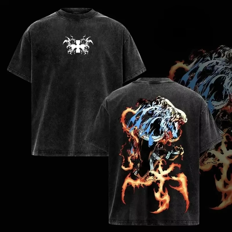 Fire Force Washed New Model T-shirt Oversized Unisex Couples Streetwear Trendy personality Clothes Vintage Loose Classic Cotton
