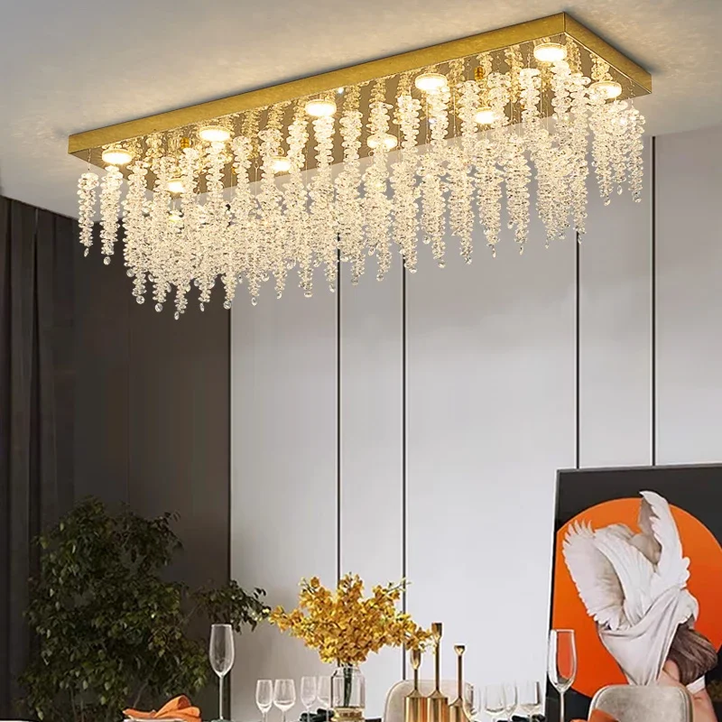 Luxury Rectangular Crystal Chandelier, Gold Hanging Light, Dining Room Living Room Lighting, Home Decorative Ceiling Light
