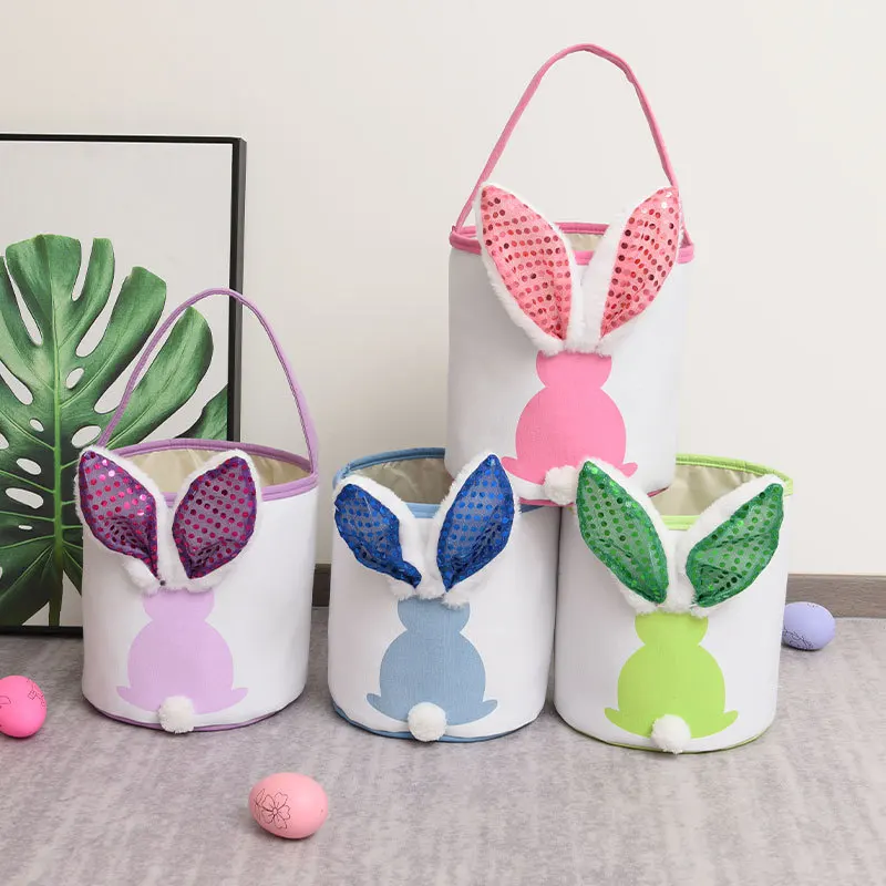 Cute Bunny Ear Easter Sequin Basket Easter Egg Hunt Basket Bag Portable Handle Carrying Eggs Candies Canvas Bag Decorative Props