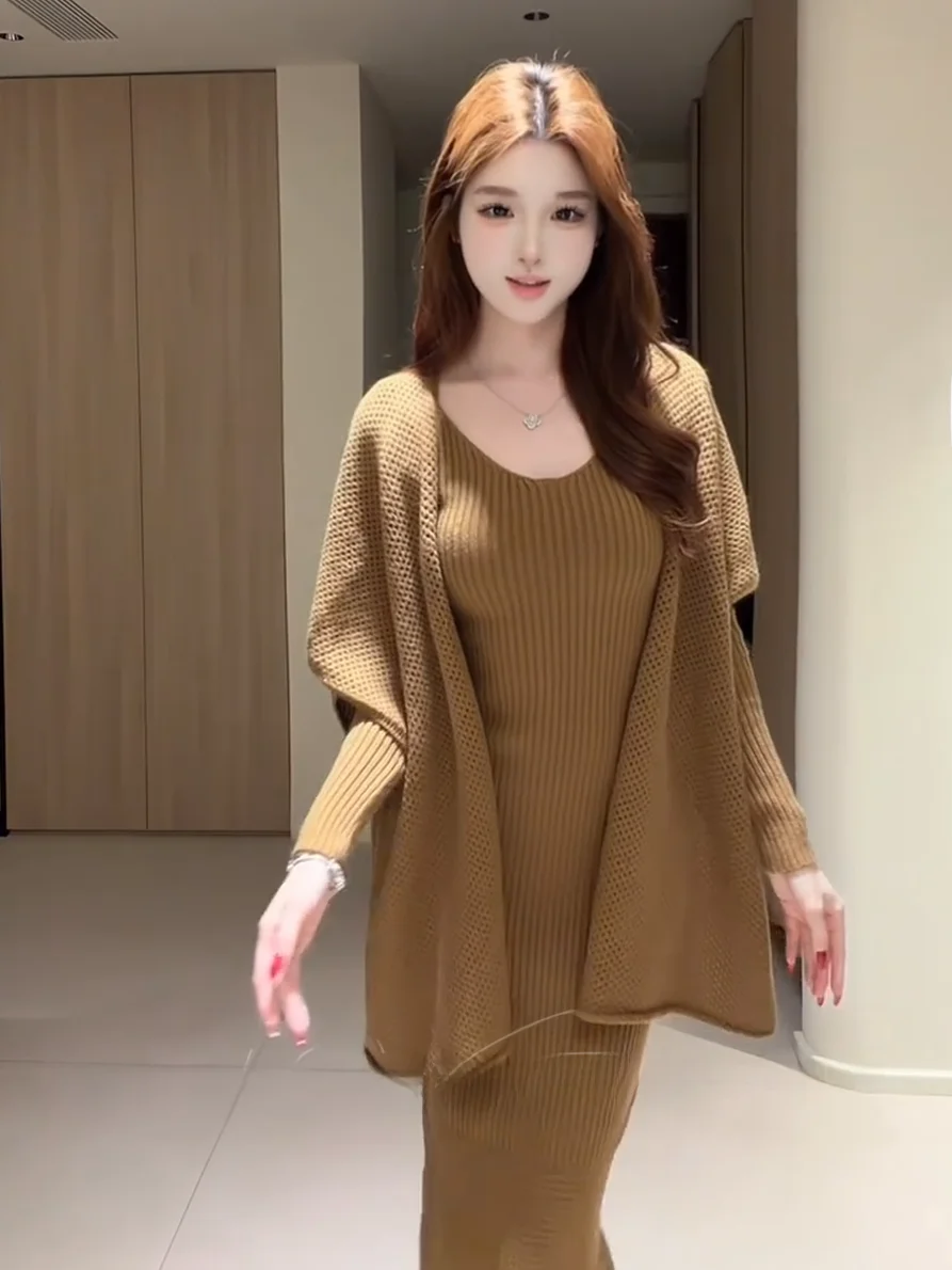 

Ele Caramel Sweet Long Sve Slim Fit Dr Set Deep V Ne Wrap Long Gown Women's Faion Casual Sle Autumn Winter