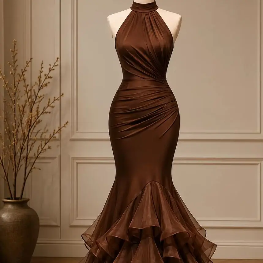 Vintage Chocolate Satin Mermaid Prom Dress Halter Neck Ruched Ruffled Tulle Train Formal Wedding Guest Evening Gown Customized