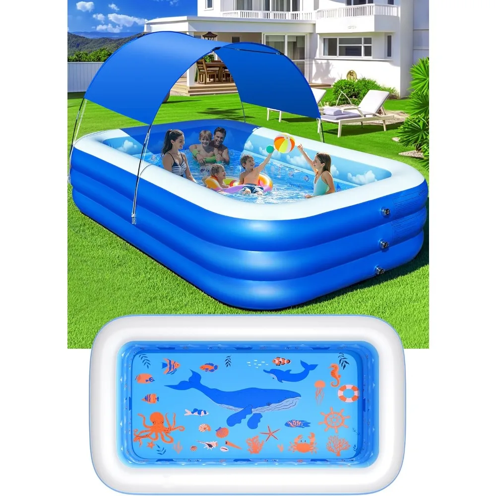 Inflatable Pool with Canopy,Upgraded Inflatable Swimming Pool for Kids,Adult,Large Inflatable Blow up Pools, for Backyard-Blue