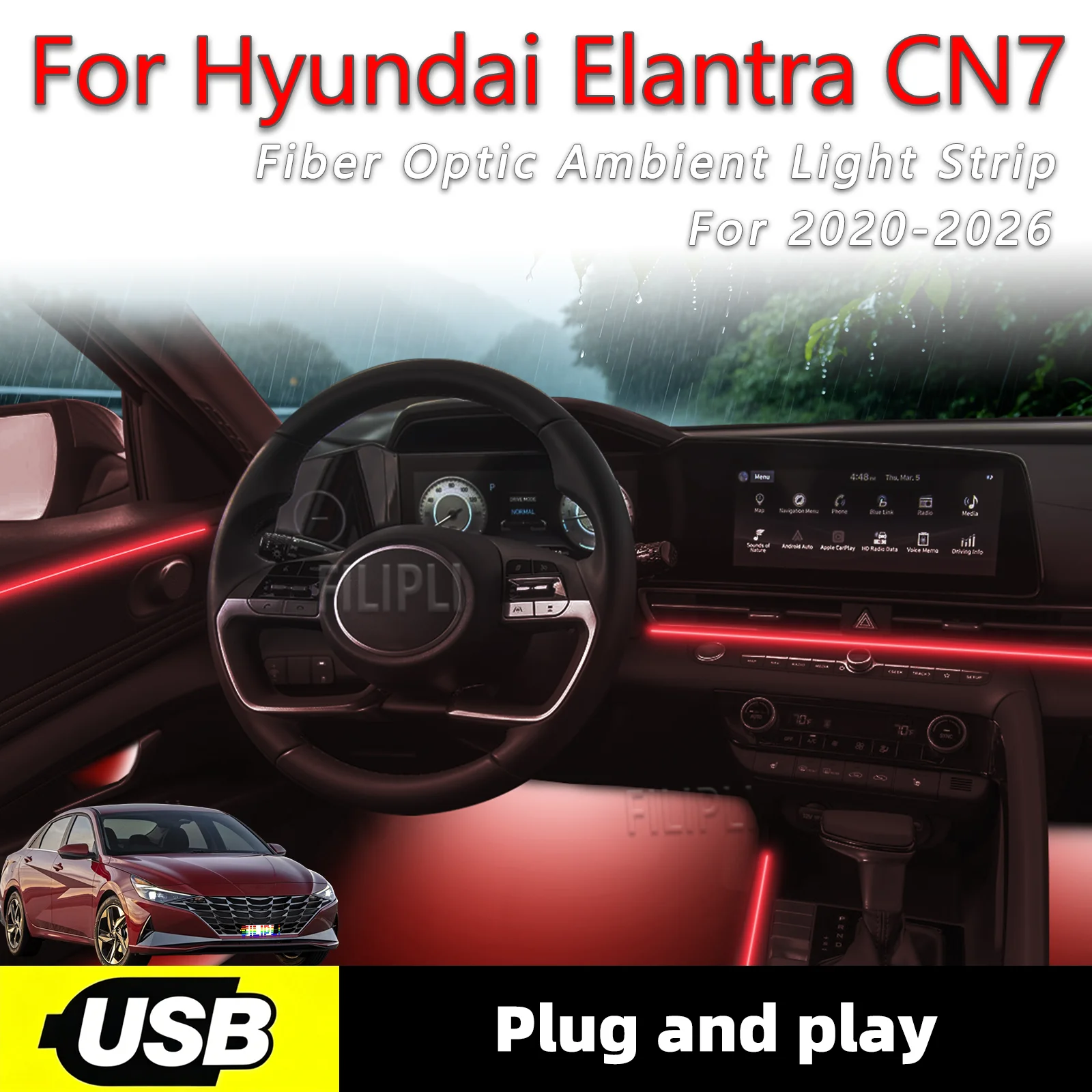

Светодиодная лента для внутренней подсветки салона автомобиля Hyundai Elantra CN7 2020-2026 годов выпуска, 6-в-1, с USB-интерфейсом, оптоволоконная
