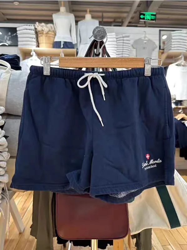 캐주얼 스트레이트 레그 팬츠 자수 아메리칸 레터링 블루 반바지 여성용 하이 웨이스트 코튼 바지 통근 스타일