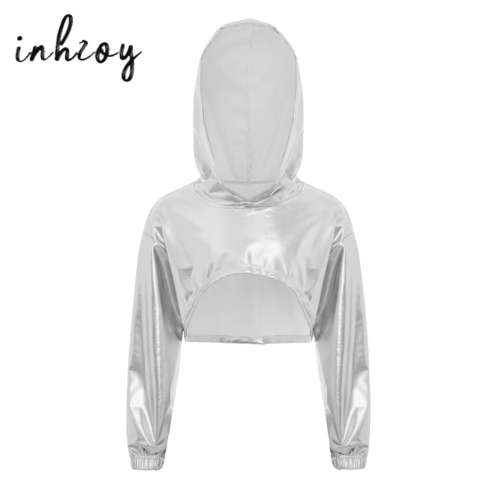 

Kids Girls Metallic Hoodie Coat Long Sleeve Asymmetrical Cropped Hooded Top Hip-Hop Jazz Dance Performance Costume Streetwear