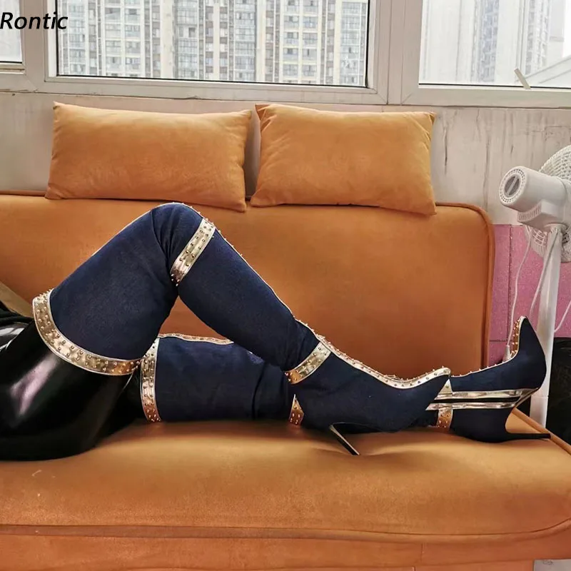 Rontic Damen-Jeansstiefel für den Winter, Oberschenkel, besetzt, seitlicher Reißverschluss, Stiletto-Absätze, spitze Zehen, wunderschöne blaue Cosplay-Schuhe, US-Größe 5–15