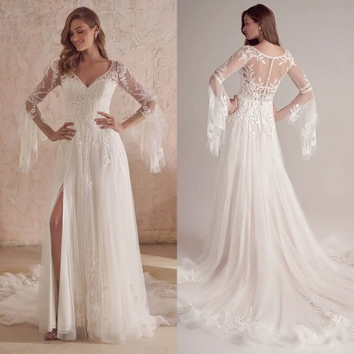 

Elegant Wedding Dress A-Line V-Neck Appliques Lace Side Split Long Sleeve Sweep Train Bride Vestido De Noiva Custom Made