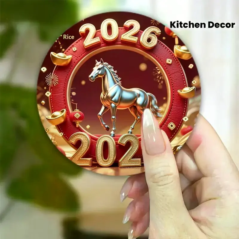 Fridge Magnet - Happy New Year 2026 Spring Festival Decor With Red Envelope Horse And Lantern Sturdy Kitchen Home Decor