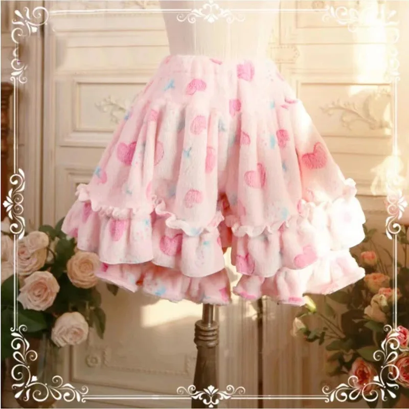 Winter Women Fleece Warm Safety Shorts Kawaii Lolita JK Plush Pumpkin Pants Harajuku Y2k Cute Sweet Strawberry Print Bloomers