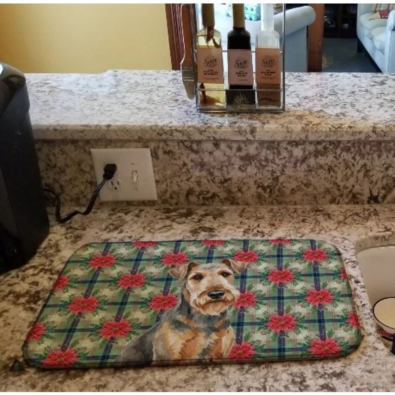 

Grizzle Airedale Terrier Christmas Poinsettia Dish Drying Mat 14x21" Absorbent Kitchen Counter Mat