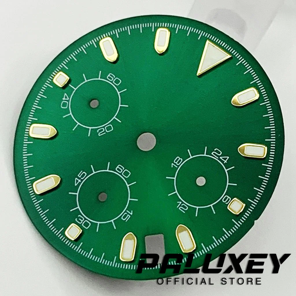 وجه ساعة مضيئة لقطع غيار حركة VK63 ، قرص أخضر معقم ، علامة ذهبية ، Vk63 ، 29.5 مللي متر